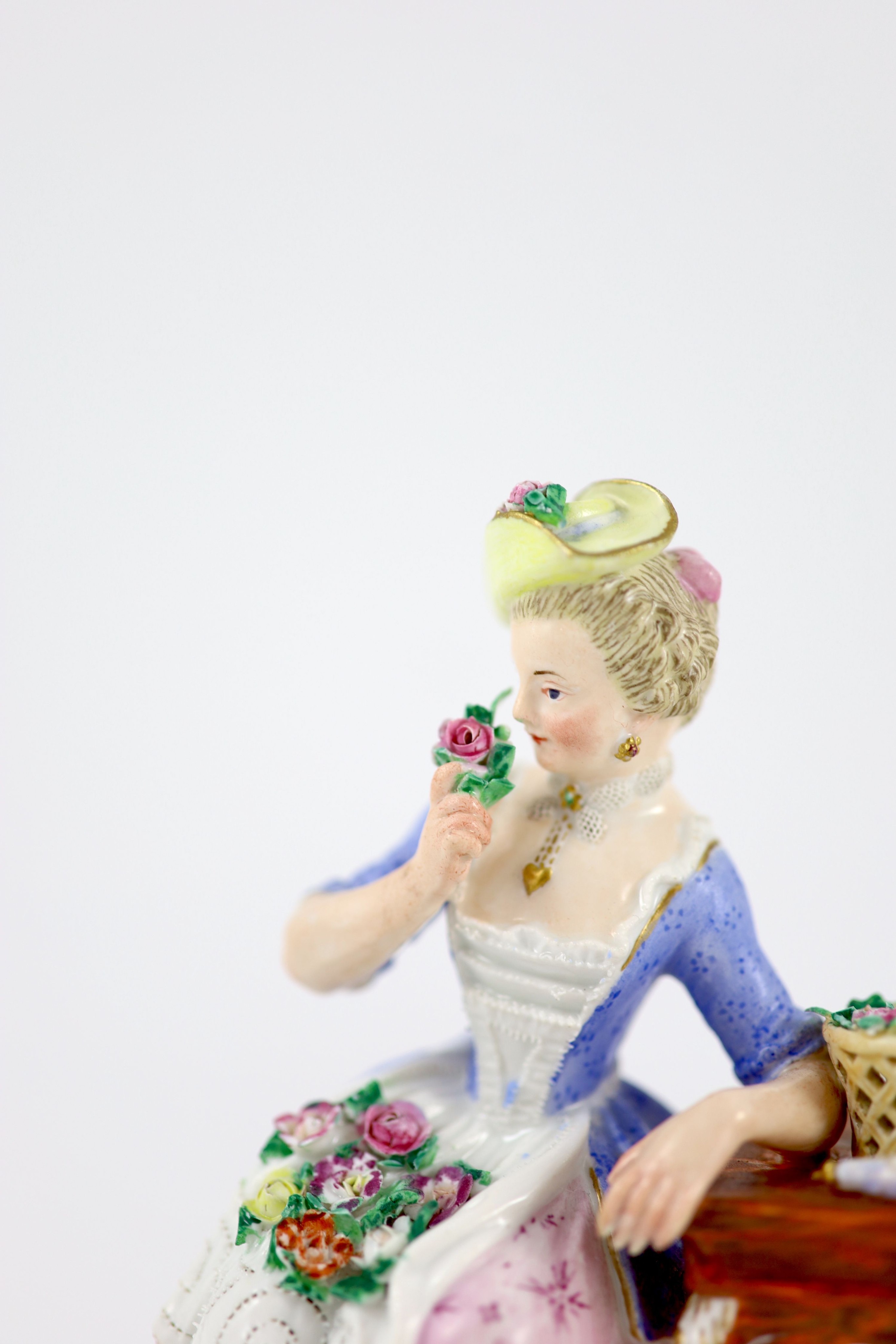 A composed set of five Meissen figures of the Senses, 19th/20th century, 12.5 cm - 14.5 cm high, small losses